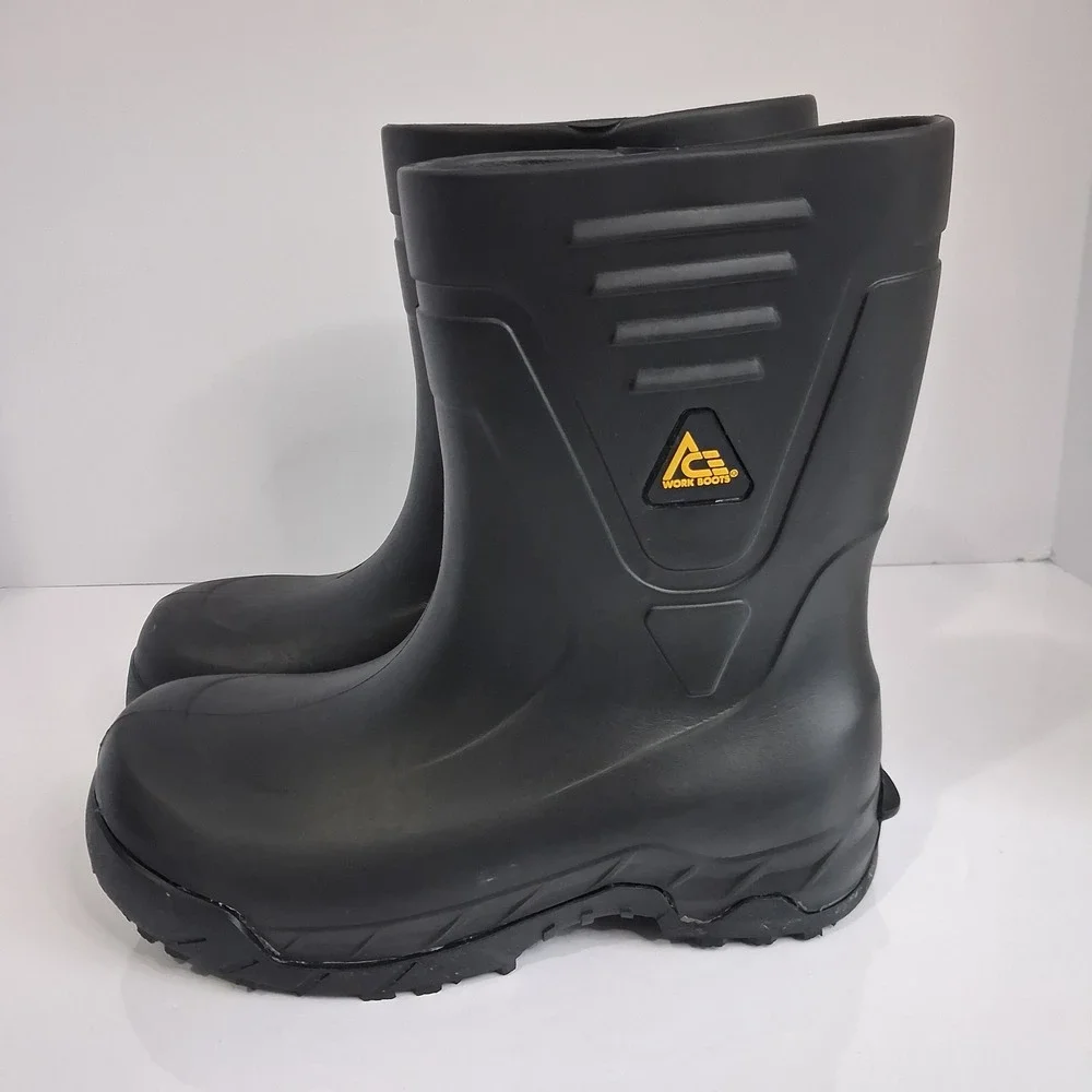 ACE Work Boots Black Rubber Waterproof Slip Resistant Utility Boots W8 M6